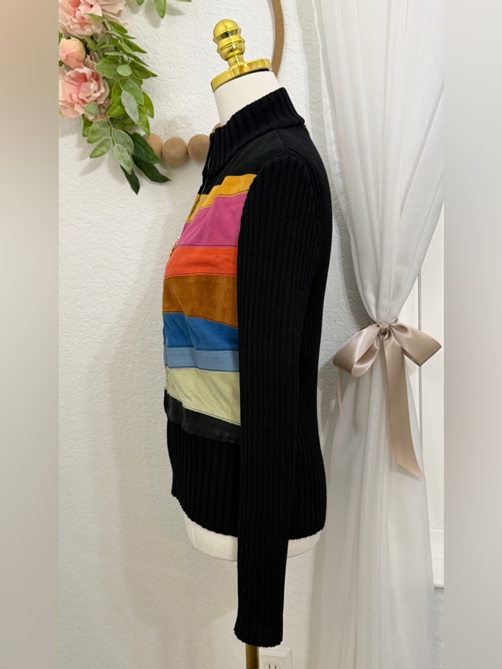 ST JOHN Lamb Suede Leather And Wool Sequin Striped Jacket Women Size M Full Zip - Picture 6 of 9